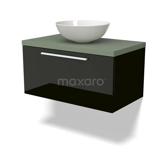 Zwevend Badmöbel Schwarz mit grünem Glas Platte und weißem Aufsatzwaschbecken, modernes Design mit Schublade und chromfarbenem Griff.