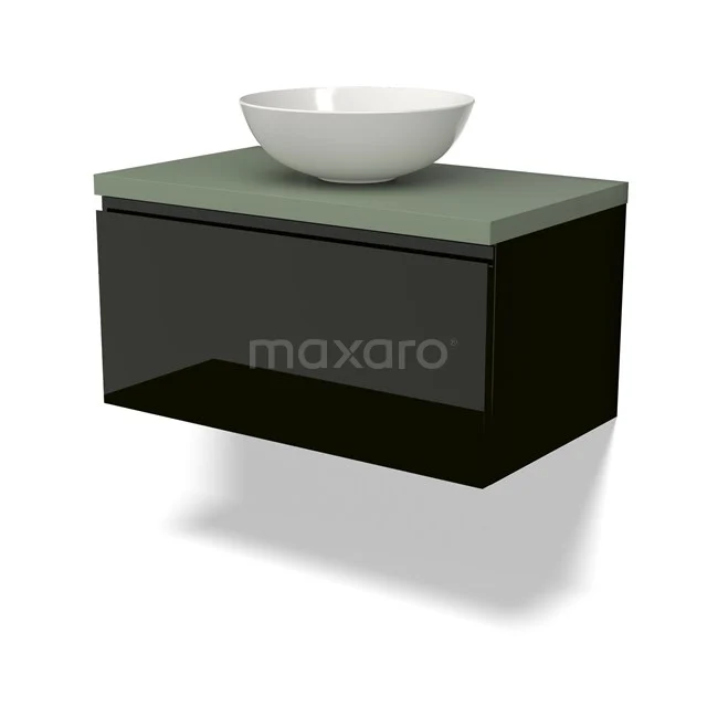 Zweites Schwarz Badmöbel mit grüner Oberplatte und weißem Aufsatzwaschbecken, modernes Design für stilvolle Bäder.