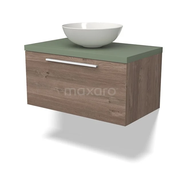Modulo Plato Vanity units for countertop basin | 80 cm Mid brown oak Flat front Sage green worktop 1 drawer BMK11-02552