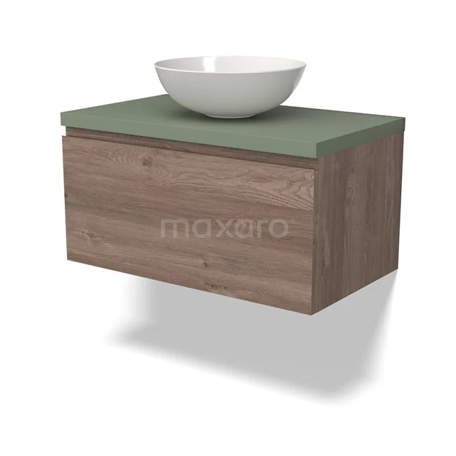 Holz Badmöbel mit grün Waschtischplatte und weißer Schüssel, kompaktes und modernes Design, ideal für kleine Bäder.