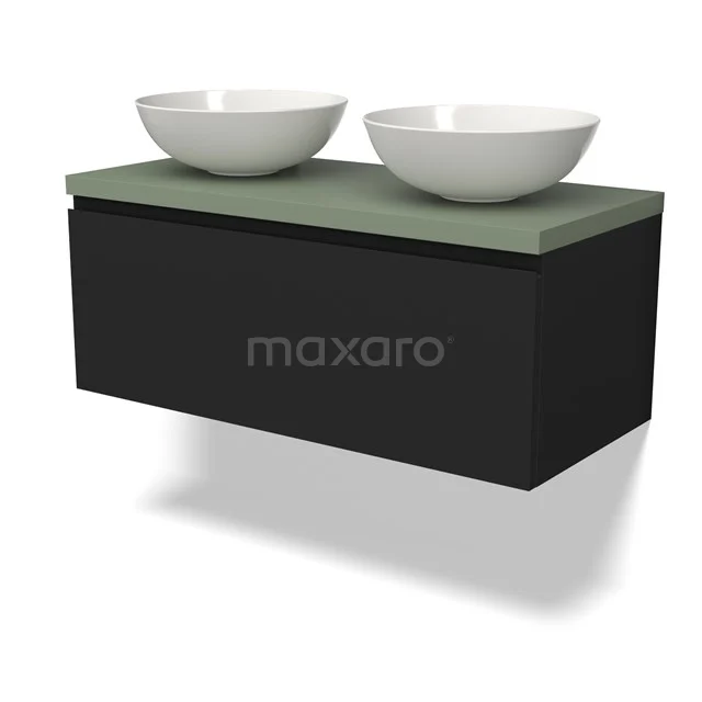 Schwarzer Badschrank mit grüner Platte und zwei weißen Aufsatzwaschbecken, modernes Design für ein stilvolles Badezimmer.