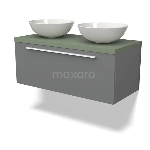 Graue Badmöbelset mit zwei runden weißen Aufsatzwaschbecken, grünem Platte und chromfarbener Haltegriff, modernes Design.