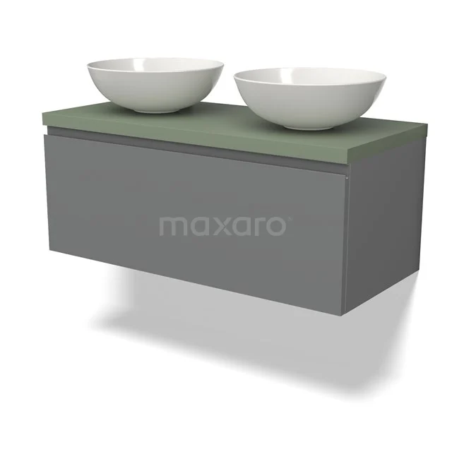 Graue schwebende Badmöbelset mit grünem Platte und zwei runden weißen Aufsatzwaschbecken, modernes Design.