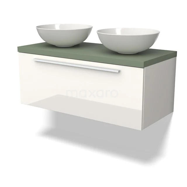 Wandhängendes Badezimmermöbel weiß mit grünem Waschtischplatte und doppelten runden keramischen Aufsatzwaschbecken, modernes und schlichtes Design.