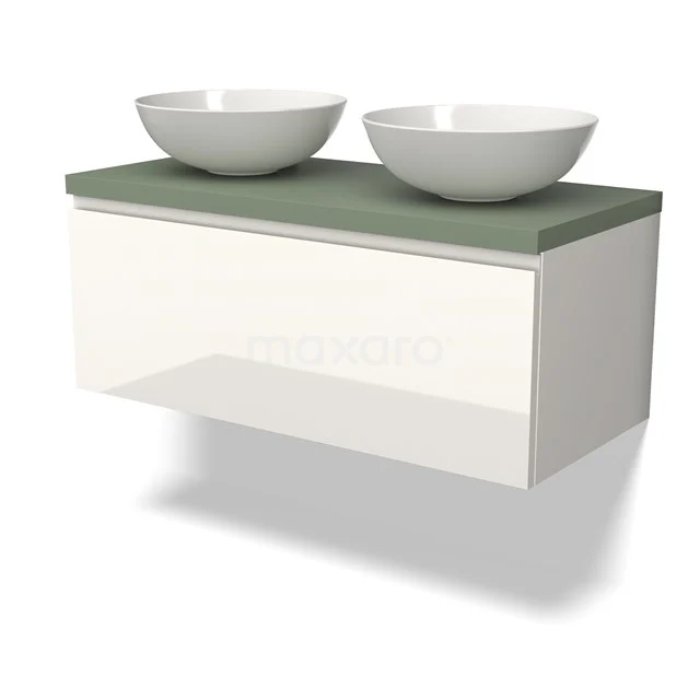 Weiße schwebende Badmöbel mit grünem Platte und zwei ovalen Aufsatzwaschbecken, modernes Design aus nachhaltigem Material.