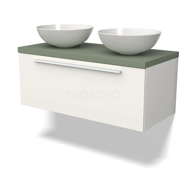 Weißes schwebendes Badmöbel mit zwei runden Waschbecken und grüner Platte, schlankes Design, ideal für moderne Bäder.