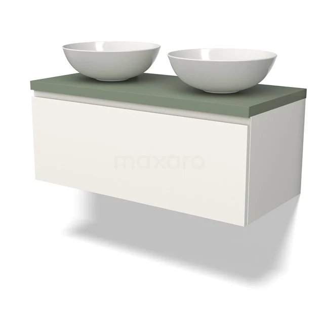 Weißes hängendes Badmöbel mit grüner Oberplatte und zwei ovalen Waschbecken, modernes Design für stilvolle Bäder.