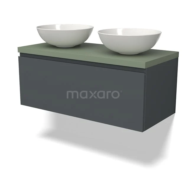Waschtischunterschrank mit Konsole BMK11-02574 Dunkelgrauer Badschrank mit zwei weißen Aufsatzwaschbecken und einer olivgrünen Platte, modernes Design.