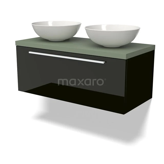 Schwebendes Schwarz Waschtisch mit grün Platte, zwei weißen schalenförmigen Waschbecken und einer schlichten verchromten Haltegriff.