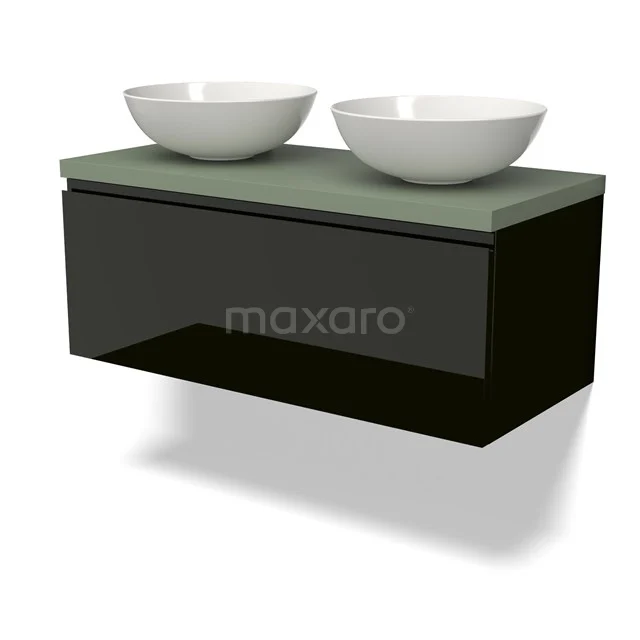 Zweifach schwebendes schwarzes Badezimmermöbel mit runden Aufsatzwaschbecken und mattem grünen Waschbecken, modernes Design.