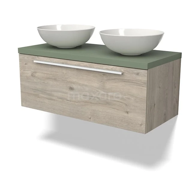 Hölzernes Badezimmermöbel mit grünem Platte, zwei weißen Aufsatzwaschbecken und einem metallenen Haltegriff, ideal für moderne Bäder.