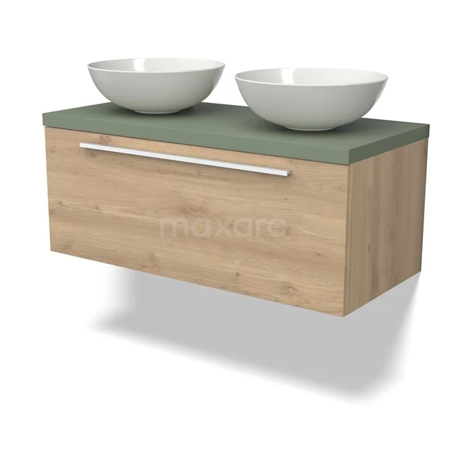 Modulo Plato Vanity units for countertop basin | 100 cm Light brown oak Flat front Sage green worktop 1 drawer BMK11-02581