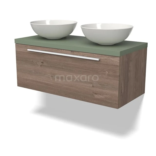 Holz Badezimmermöbel mit grüner Oberseite, zwei weißen Aufsatzwaschbecken und einem verchromten Haltegriff, modernes Design für jedes Badezimmer.