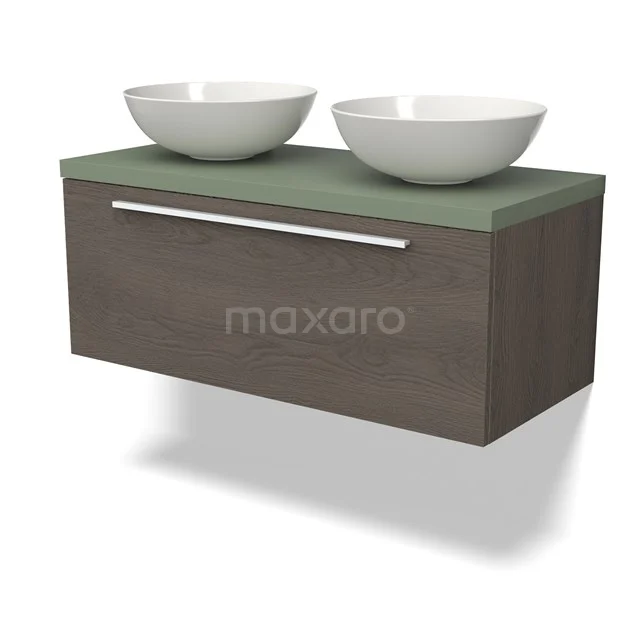 Modulo Plato Vanity units for countertop basin | 100 cm Dark brown oak Flat front Sage green worktop 1 drawer BMK11-02587
