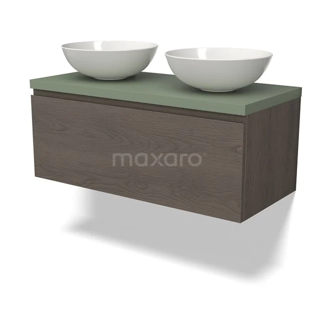 Waschtischunterschrank mit Konsole BMK11-02589 Holz Badezimmermöbel mit grün Platte und doppelten weißen Aufsatzwaschbecken, modernes Design aus nachhaltigen Materialien.