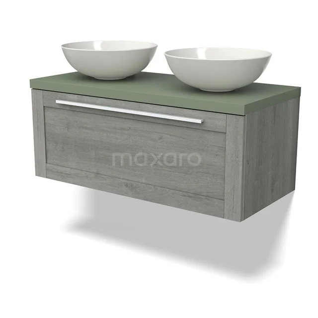 Wooden bathroom unit with grey oak look, double white basin bowls and green stone worktop.