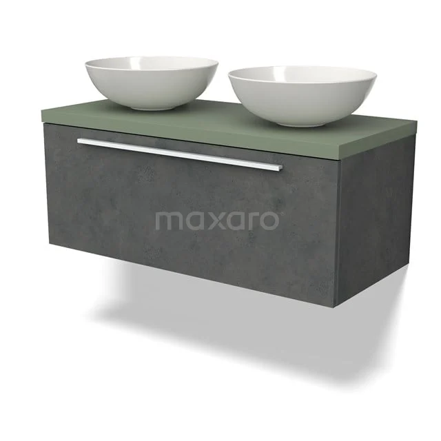 Graue hängende Badmöbelset mit Betonlook, grüner Waschtischplatte und weißen doppelten Aufsatzwaschbecken für moderne Bäder.