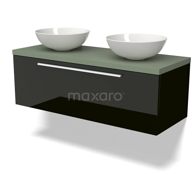 Black floating bathroom unit with two white countertop wash basins and modern glass worktop, ideal for stylish bathroom design.