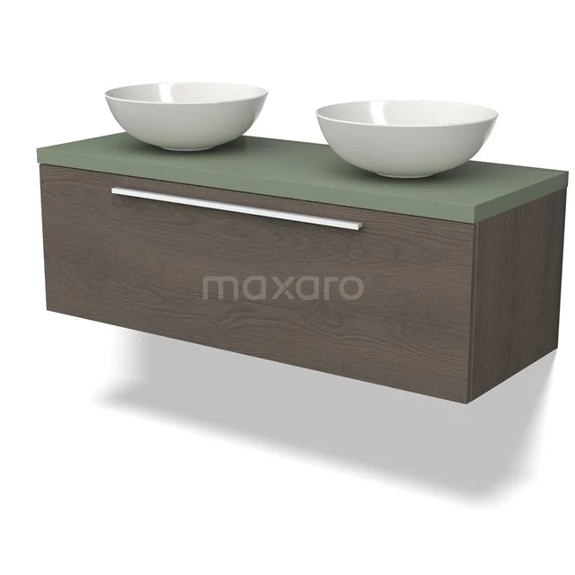 Modulo Plato Vanity units for countertop basin | 120 cm Dark brown oak Flat front Sage green worktop 1 drawer BMK11-02619 Dark wood bathroom unit with green worktop, two oval white countertop wash basins and a slim metal handle.