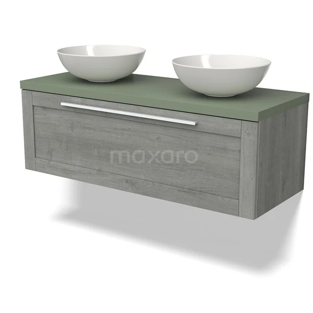 Grey wooden Bathroom unit with green top, two white top bowls and modern handle for a stylish bathroom.