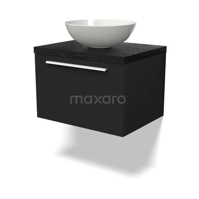 Schwarzes hängendes Badezimmermöbel mit einem weißen runden Waschbecken, moderne Ausstrahlung und straffer Verarbeitung für ein stilvolles Badezimmer.