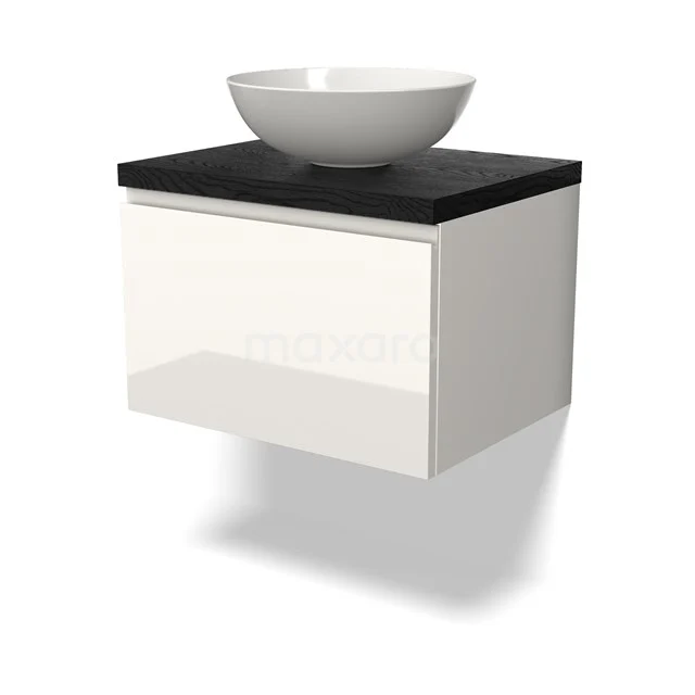 Weiße Badmöbel mit schwarzer Platte und runder keramischer Aufsatzwaschbecken, modernes hängendes Design.