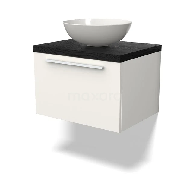 Weiße wandhängende Badmöbel mit schwarzer Platte und keramischem Aufsatzwaschbecken, modernes Design, ideal für kompakte Bäder.