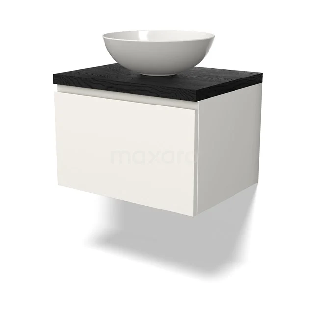 Waschtischunterschrank mit Konsole BMK11-02636 Weißes hängendes Badmöbel mit schwarzer Platte und rundem Waschbecken, schlichtes Design für moderne Bäder.