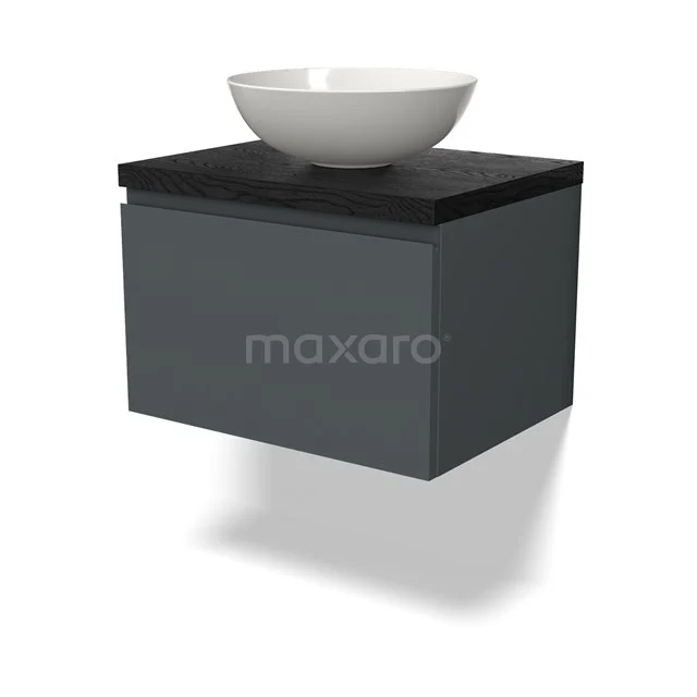 Modulo Plato Badmöbel mit Aufsatzwaschbecken | 60 cm Dunkelgrau Grifflos front Schwarze Eiche blatt 1 Schublade BMK11-02638 Graue schwebende Badmöbelset mit schwarzer Keramikplatte und weißem runden Aufsatzwaschbecken, modernes Design für ein stilvolles Badezimmer.