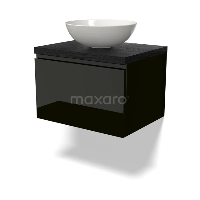 Schwarzer schwebender Badschrank mit Softclose-Schublade und weißem runden Aufsatzwaschbecken, modernes Design aus hochwertigen Materialien.