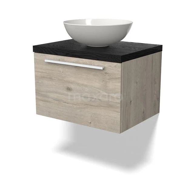 Waschtischunterschrank mit Konsole BMK11-02643 Holz-Badmöbel mit schwarzer Oberseite und keramischem Aufsatzwaschbecken, wandmontiert, modernes Design.