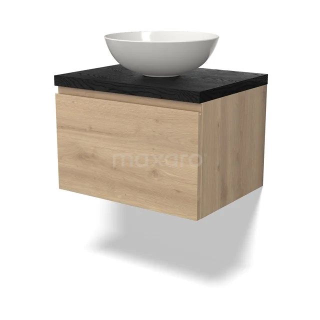 Holz-Badmöbel mit schwarzer Platte und weißem Keramik-Aufsatzwaschbecken, schwebendes Design für ein modernes Badezimmer.