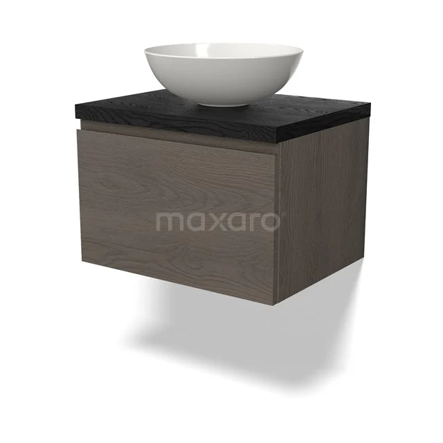 Holz-Badmöbel mit dunkler Waschtischplatte und weißem rundem Aufsatzwaschbecken, ideal für eine moderne Badezimmergestaltung.