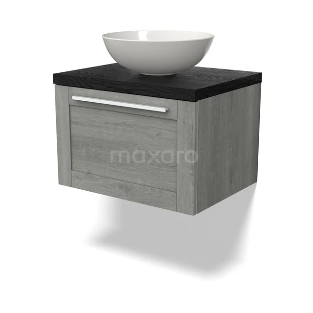 Grey wooden bathroom unit with black worktop and white top bowl; modern style for stylish bathroom design.