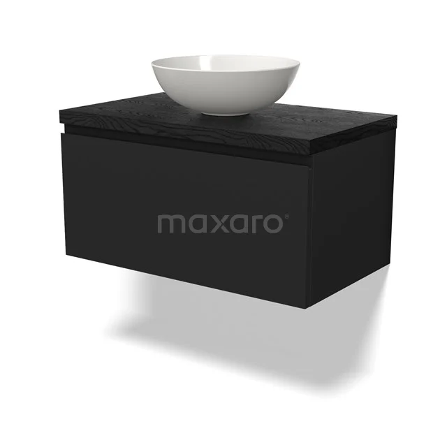 Black wall cabinet with ceramic bowl, modern bathroom design, floating model made of wood with clean lines.
