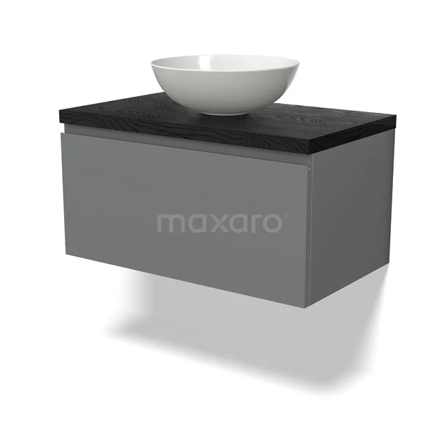 Grijze zwevende badkamermeubelset met zwart blad en ronde witte kom; modern design, ideaal voor een minimalistische badkamer.