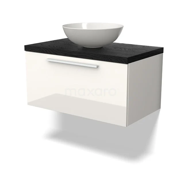 Wit hangend badkamermeubel met zwarte bovenblad en moderne ronde keramische waskom, strak design voor eigentijdse badkamers.