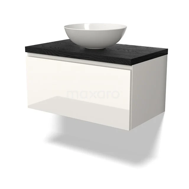 Weißes schwebendes Badezimmermöbel mit schwarzer Oberplatte und modernem runden Aufsatzwaschbecken, ideal für eine stilvolle Badezimmergestaltung.