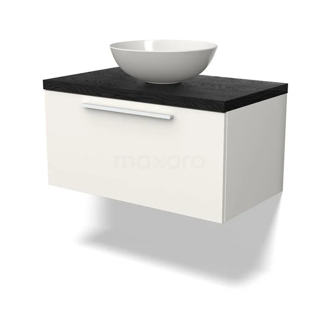Weißes Badmöbel mit schwarzer Waschtischplatte und runder Schüssel, modernes hängendes Design aus Holz für stilvolle Bäder.