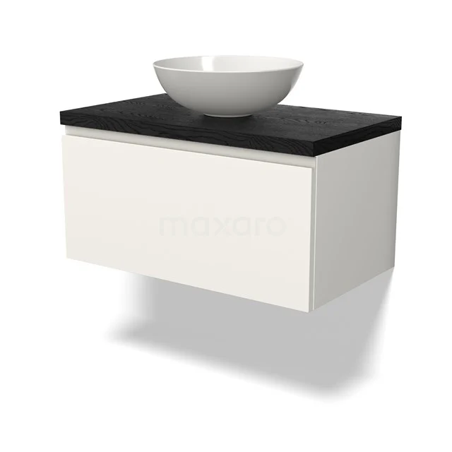 White suspended bathroom unit with black basin worktop and round bowl, sleek design, ideal for modern bathrooms.