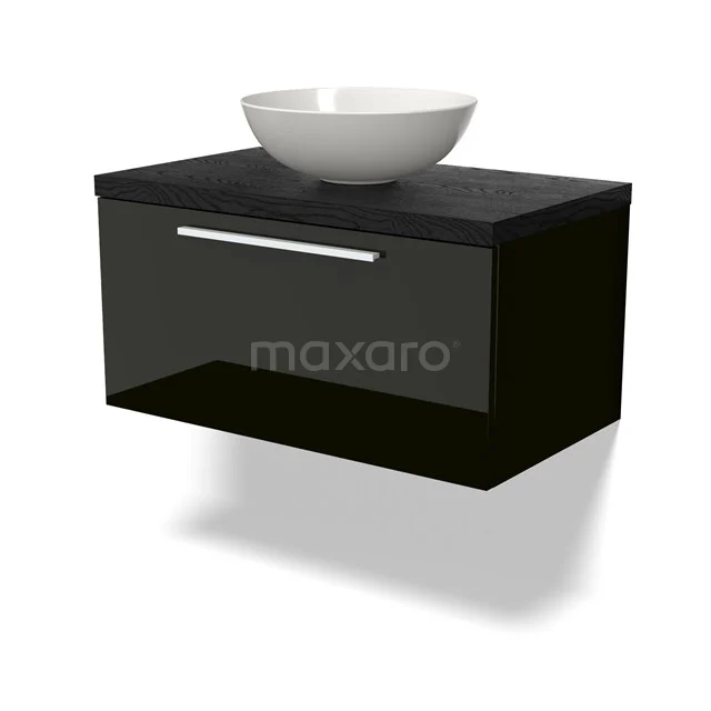 Black hanging vanity unit with high-gloss finish and ceramic countertop wash basin, ideal for modern bathroom design.