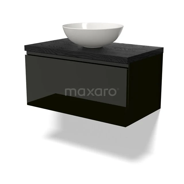Zwarte zwevende badkamermeubel set met ronde wastafel, modern design en glanzende afwerking.