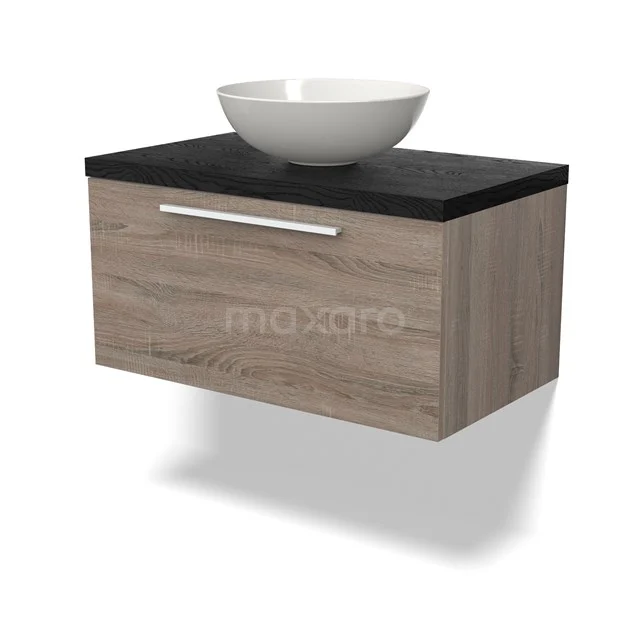 Houten badkamermeubel met zwarte bovenblad en ronde witte waskom, wandmontage, moderne uitstraling.