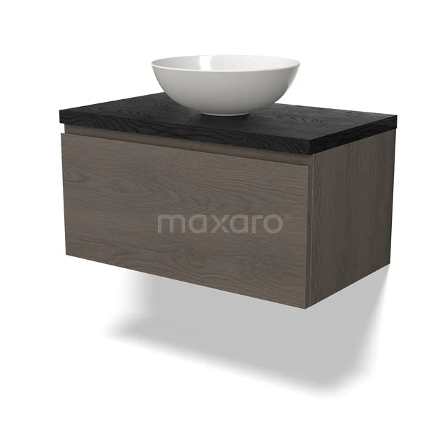 Vanity unit wood-look with black top and white bowl, floating design, ideal for modern bathroom design.