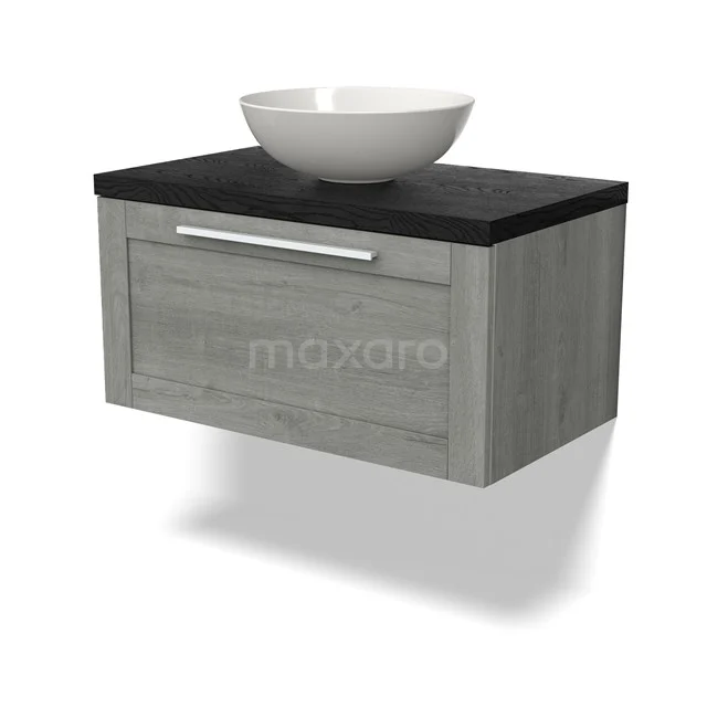 Grijze houten badkamerkast met zwarte blad en witte komvormige wastafel, modern design.