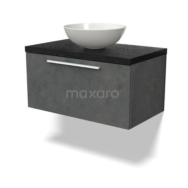 Grijze badkamermeubelset met betonlook, zwarte wastafelblad en witte komvormige wasbak, modern design.