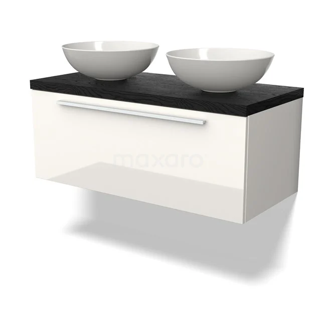 Weißes schwebendes Badmöbel mit schwarzer Platte und zwei runden Waschbecken, modernes Design für ein luxuriöses Badezimmer.