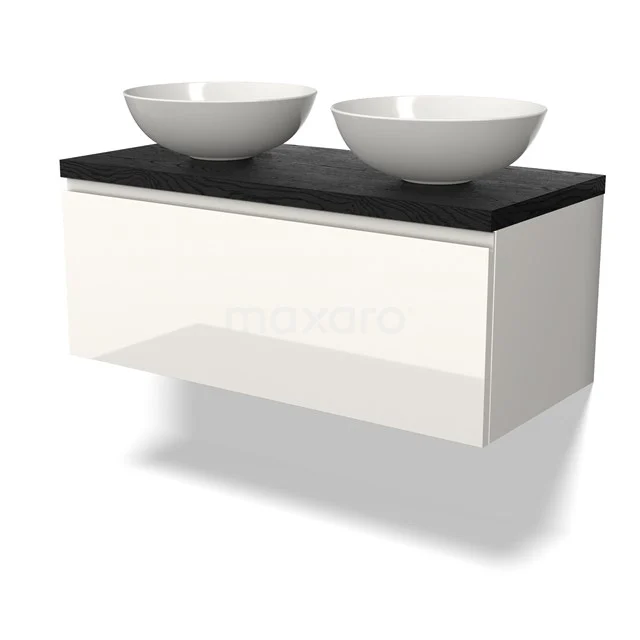 Modulo Plato Badmöbel mit Aufsatzwaschbecken | 100 cm Hochglanz Weiß Grifflos front Schwarze Eiche blatt 1 Schublade BMK11-02697 Weißes hängendes Badezimmermöbel mit schwarzer Platte und zwei Aufsatzwaschbecken, minimalistisches Design aus nachhaltigem Material.