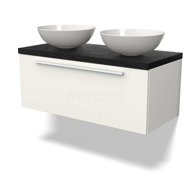 Modulo Plato Badmöbel mit Aufsatzwaschbecken | 100 cm Matt Weiß Flach front Schwarze Eiche blatt 1 Schublade BMK11-02698 Weiße schwebende Badmöbelset mit schwarzer Platte und zwei runden Aufsatzwaschbecken, ideal für einen modernen Badezimmerstil.