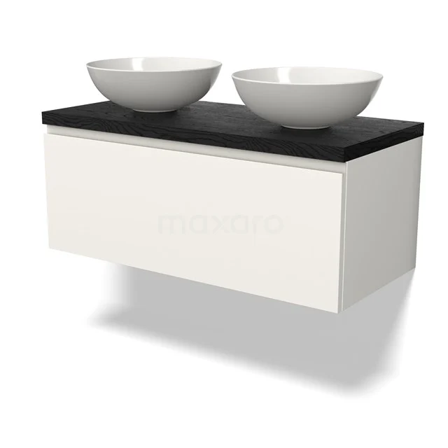 Modulo Plato Badmöbel mit Aufsatzwaschbecken | 100 cm Matt Weiß Grifflos front Schwarze Eiche blatt 1 Schublade BMK11-02700 Weißes hängendes Badmöbel mit schwarzer Platte und doppelten komförmigen Waschbecken, modernes Design mit klaren Linien.